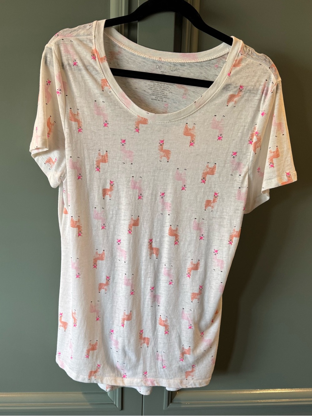 White Tee with Pink and Peach Llama Print